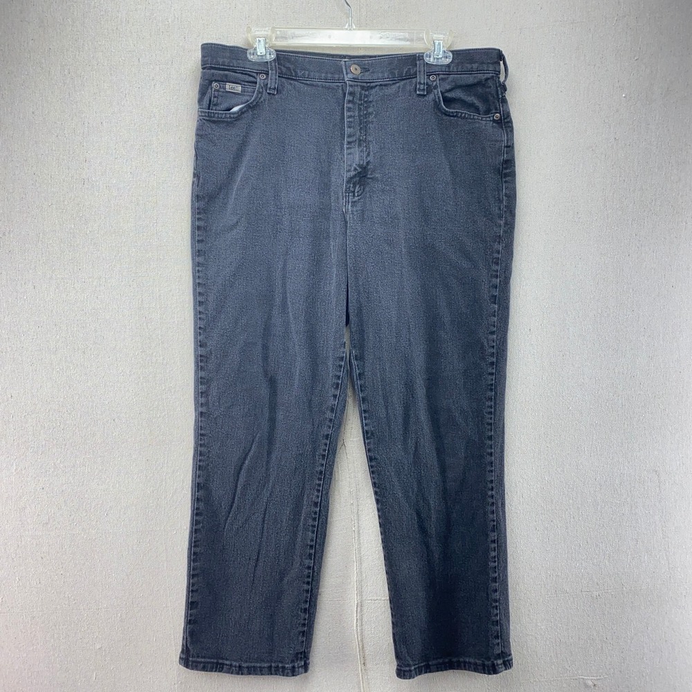 Lee Jeans Womens 16 Dark Black Denim Pants Relaxed Straight High Rise Stretch